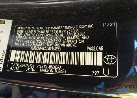 2021 Toyota C-Hr Le z USA, uszkodzony, nr VIN NMTKHMBX2MR138935